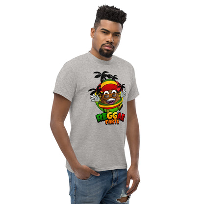 Side angle of model in grey reggae farts T-Shirt with bold print