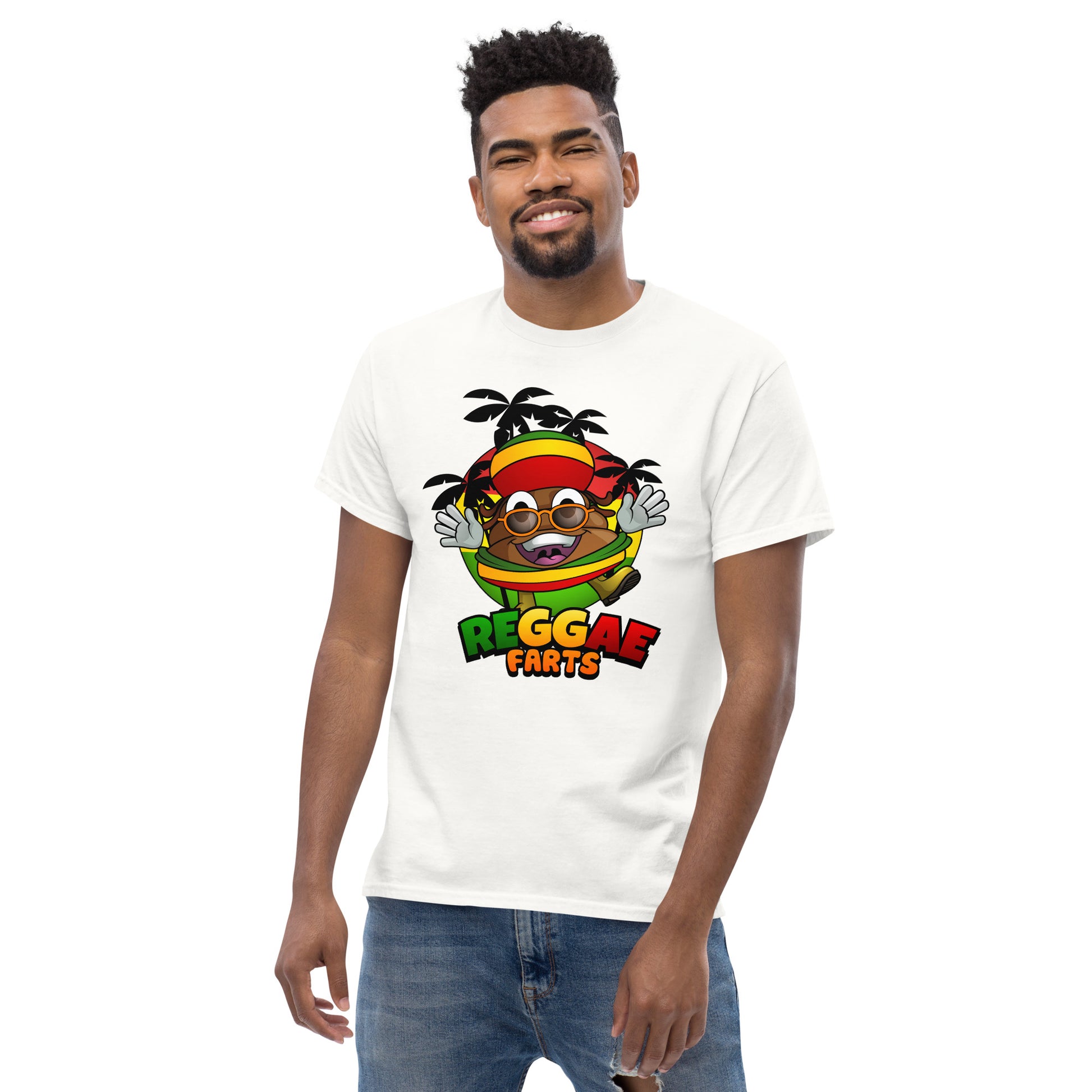 Model wearing white Reggae Farts t-shirt