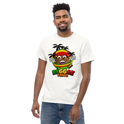 Model wearing white Reggae Farts t-shirt