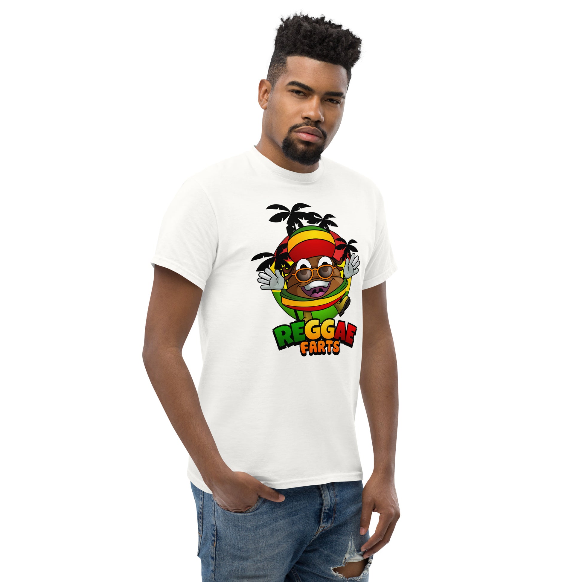 Mr Farts from Reggae Farts bold print on white t-shirt