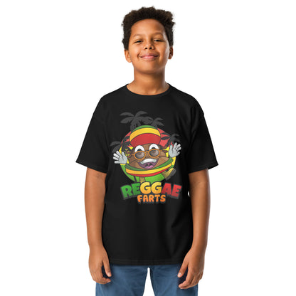 Black Reggae Farts youth t-shirt with vibrant Mr Farts reggae print