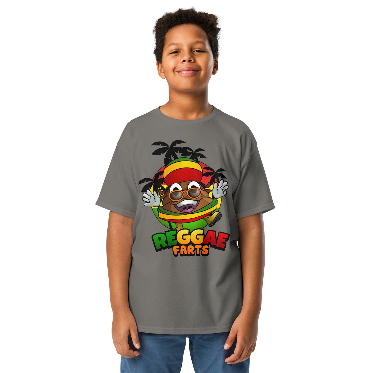 Charcoal Reggae Farts kids t-shirt with funny Mr Farts reggae art