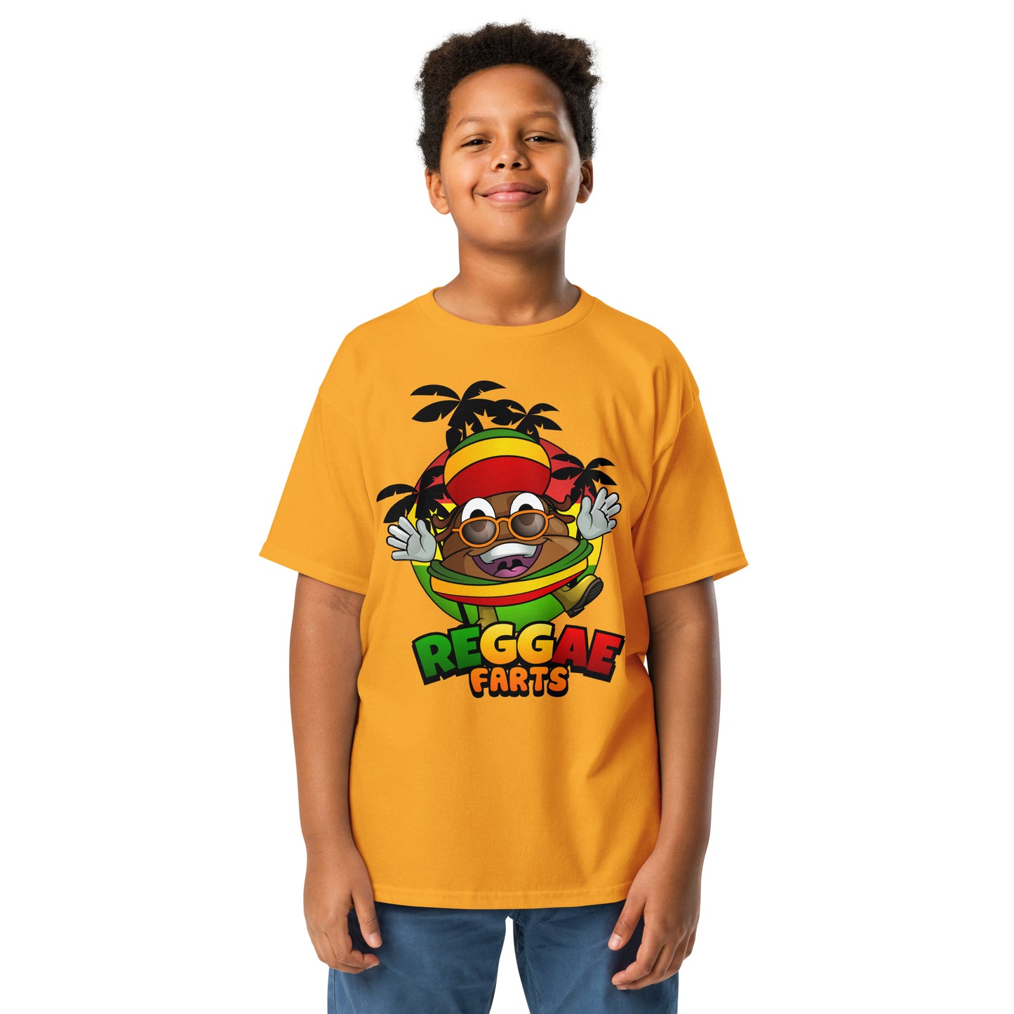 Yellow youth Reggae Farts t-shirt with reggae design on the front 