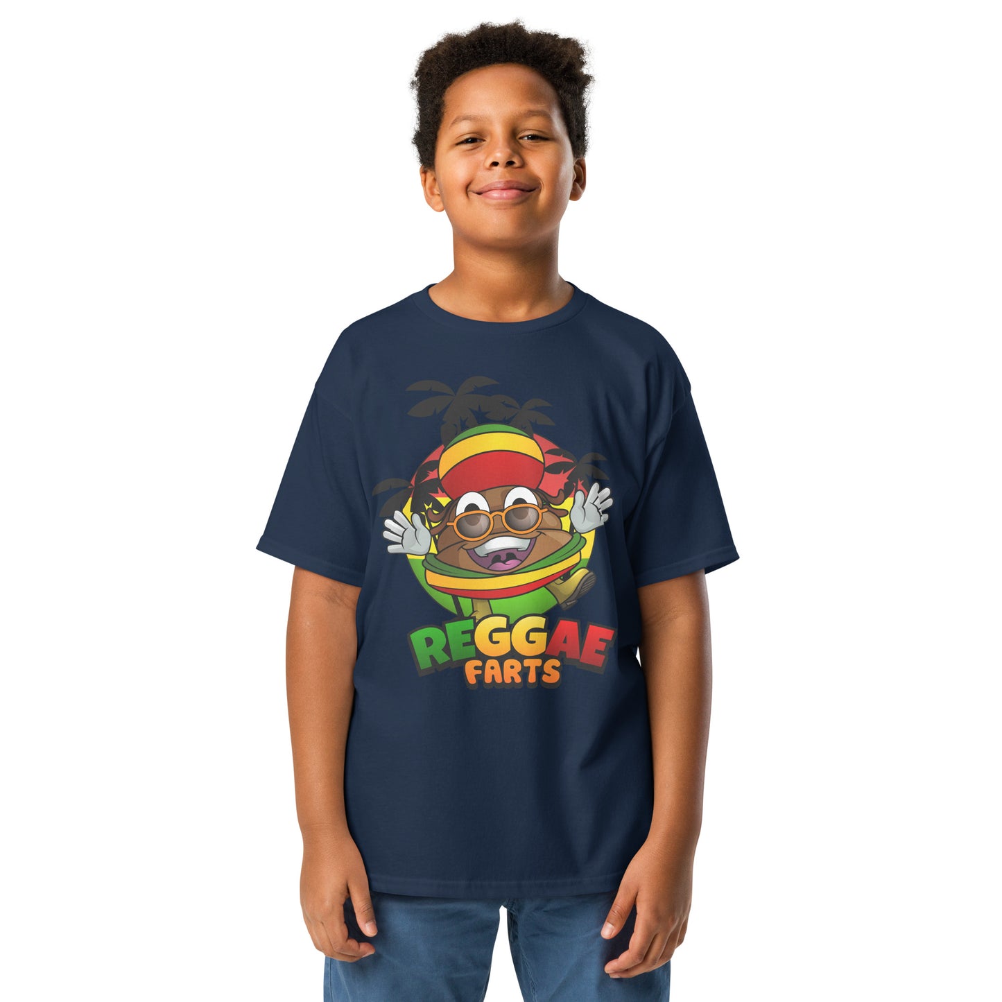 Navy blue Reggae Farts kids t-shirt with funny Mr Farts design 