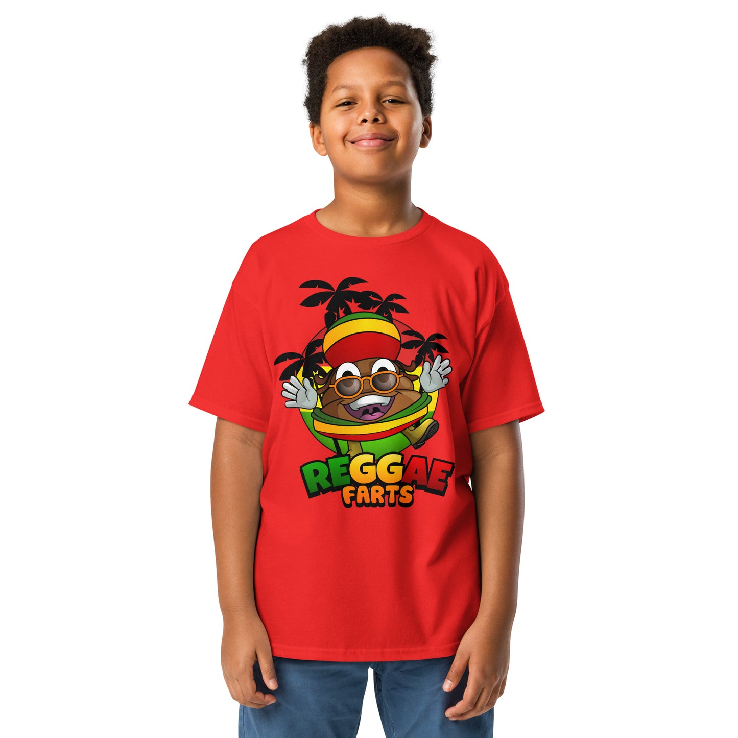 Red Reggae Farts kids t-shirt with bold cartoon print facing toward camera 