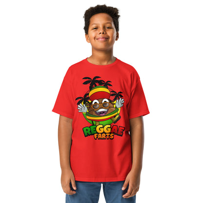 Red Reggae Farts kids t-shirt with bold cartoon print facing toward camera 