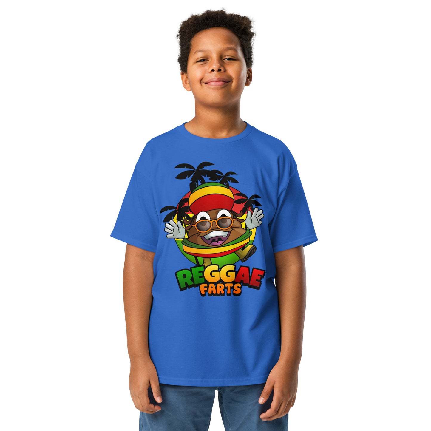 Blue Reggae Farts youth t-shirt with fun Mr Farts reggae print