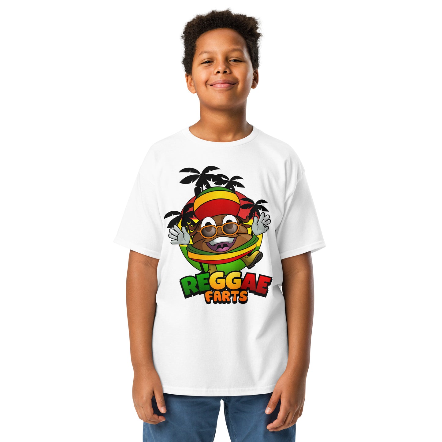 White Reggae Farts youth t-shirt with cartoon Mr Farts print