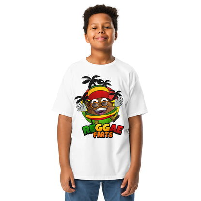 White Reggae Farts youth t-shirt with cartoon Mr Farts print