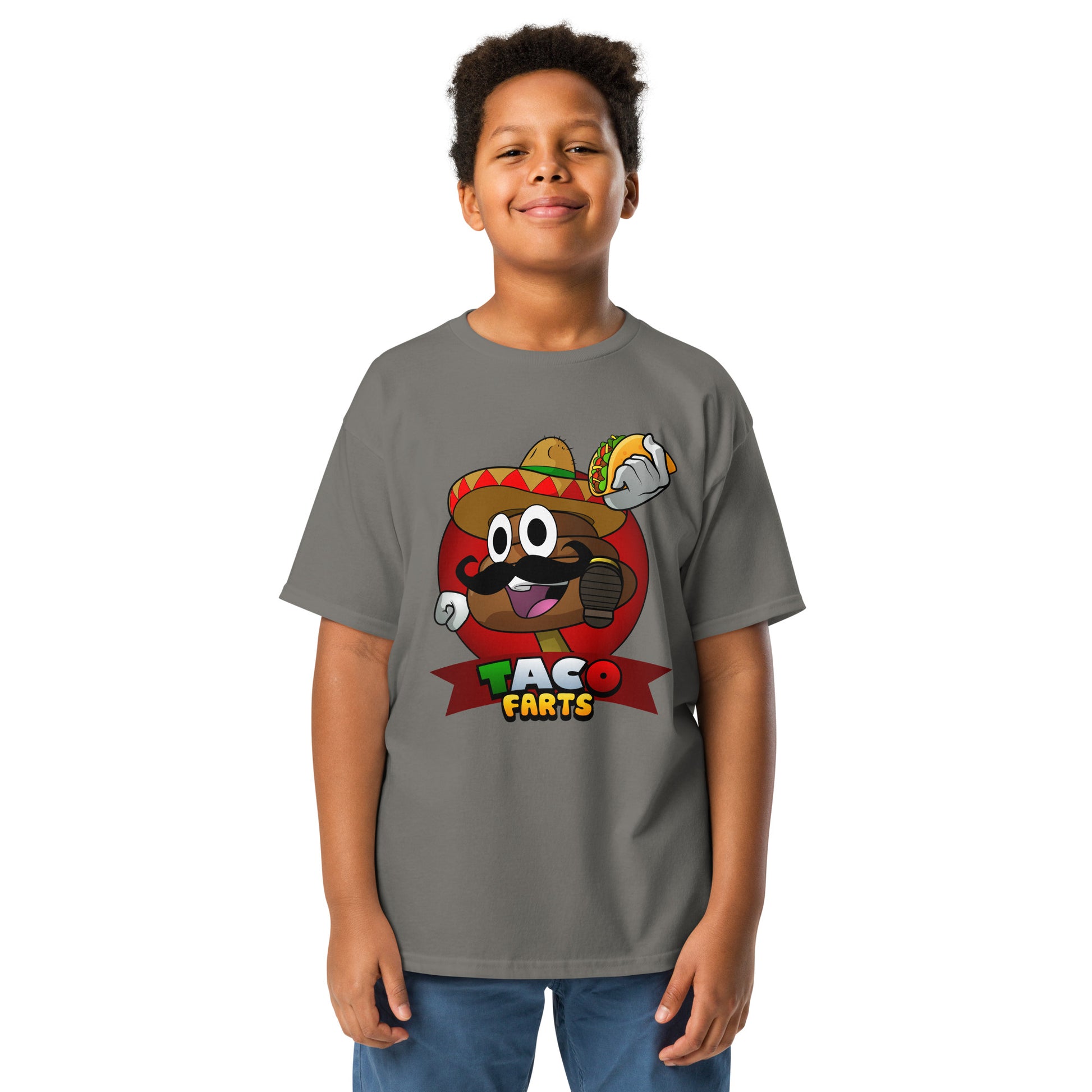 Taco Farts t-shirt on kid in grey colour with bold print