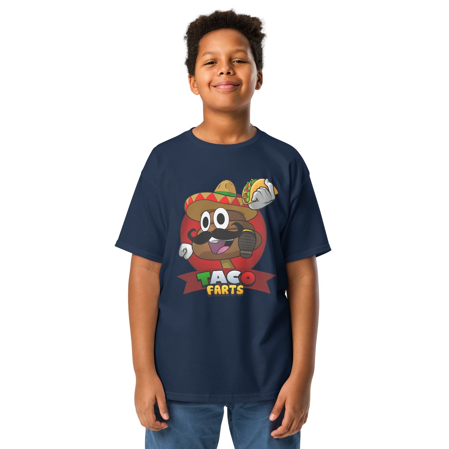 Navy blue Taco Farts t-shirt for kids with funny design