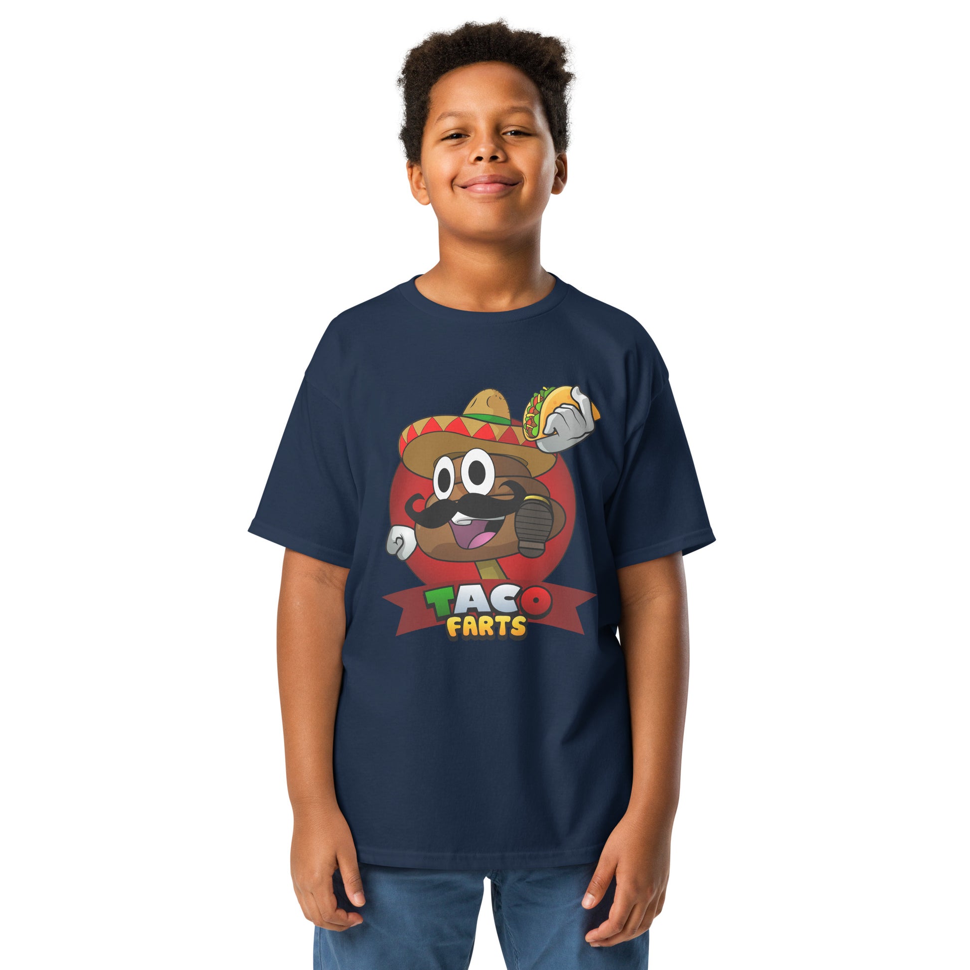 Navy blue Taco Farts t-shirt for kids with funny design