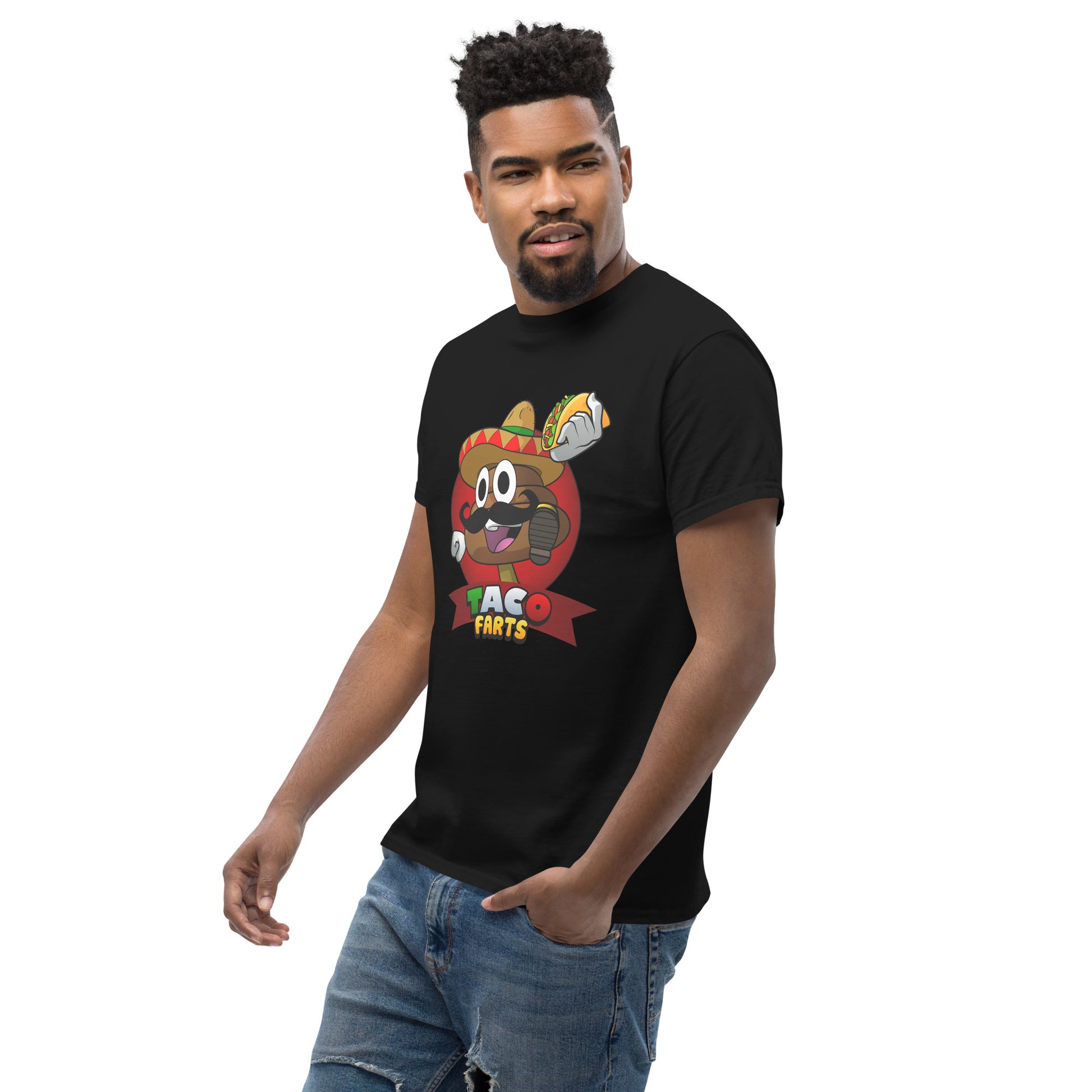 Bold Taco Farts design on black tee side on angle model hand in pocket 