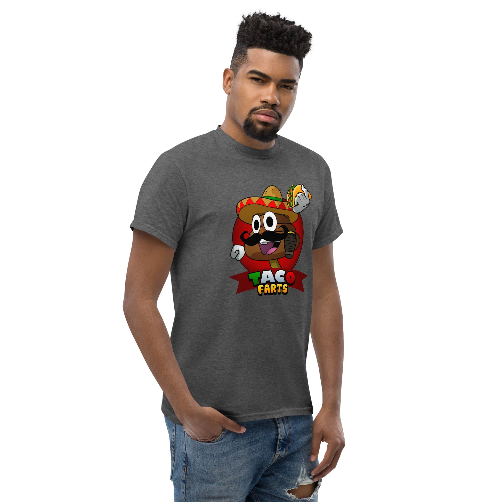 Mr Farts from Taco Farts bold print on Dark heather t-shirt 