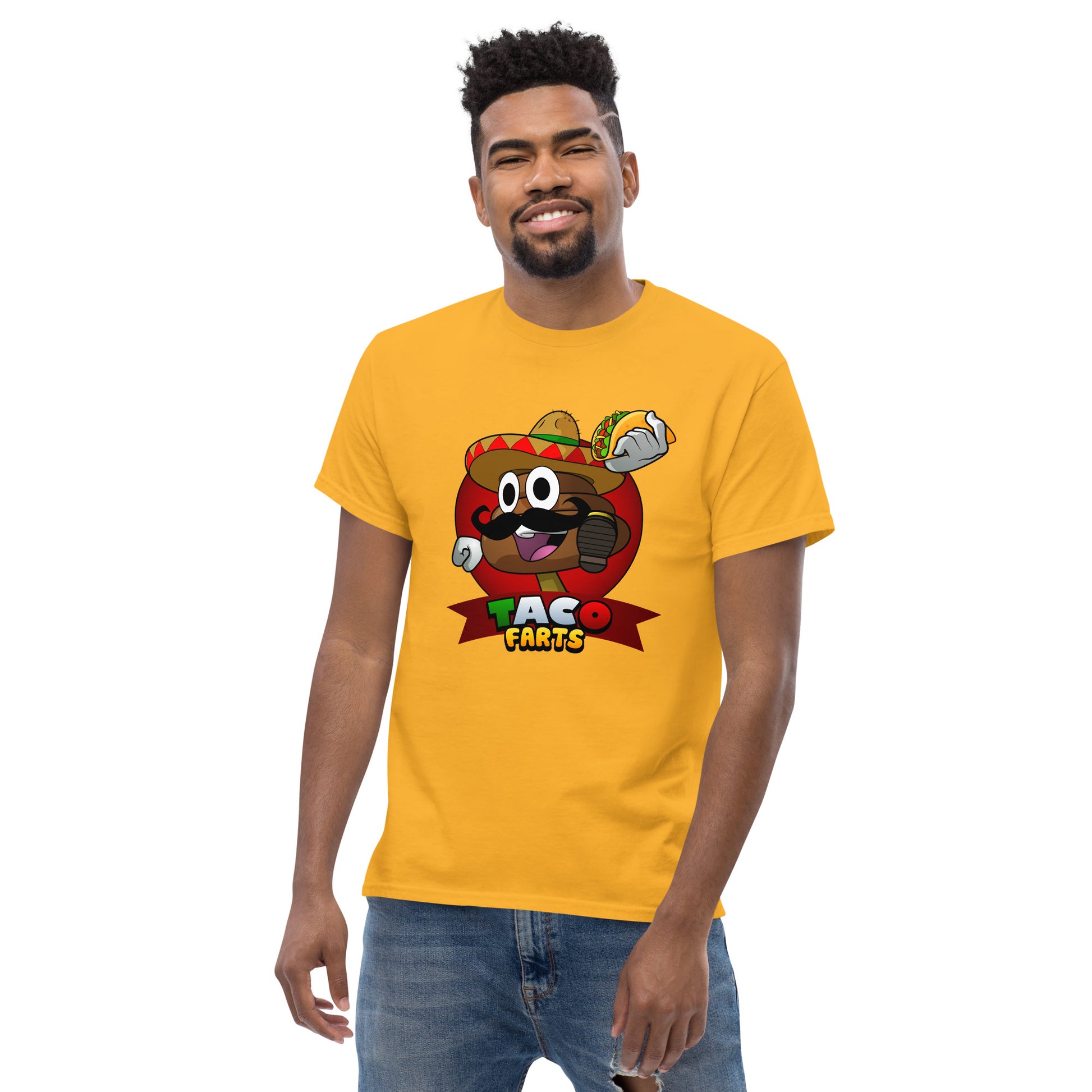 Gold Taco Farts tee worn by model
