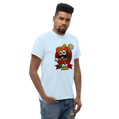 Mr Farts from Taco Farts bold print on light blue t-shirt 