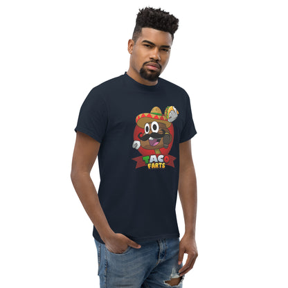 navy Taco Farts tee with bold print 
