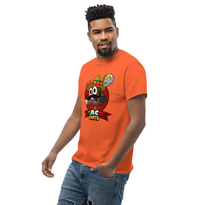 Side angle of Taco Farts print on orange shirt