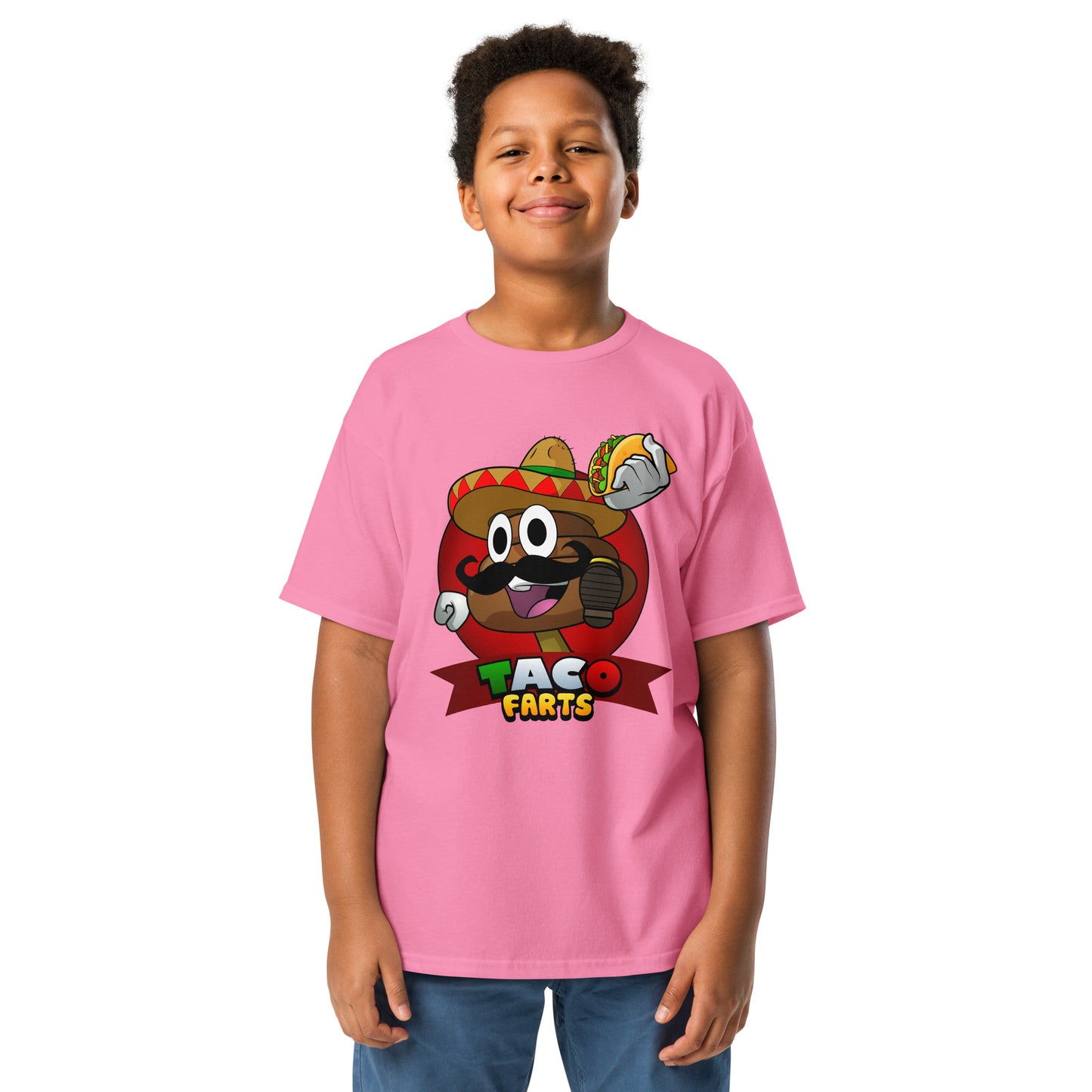Youth in pink Taco Farts t-shirt with fun taco design

