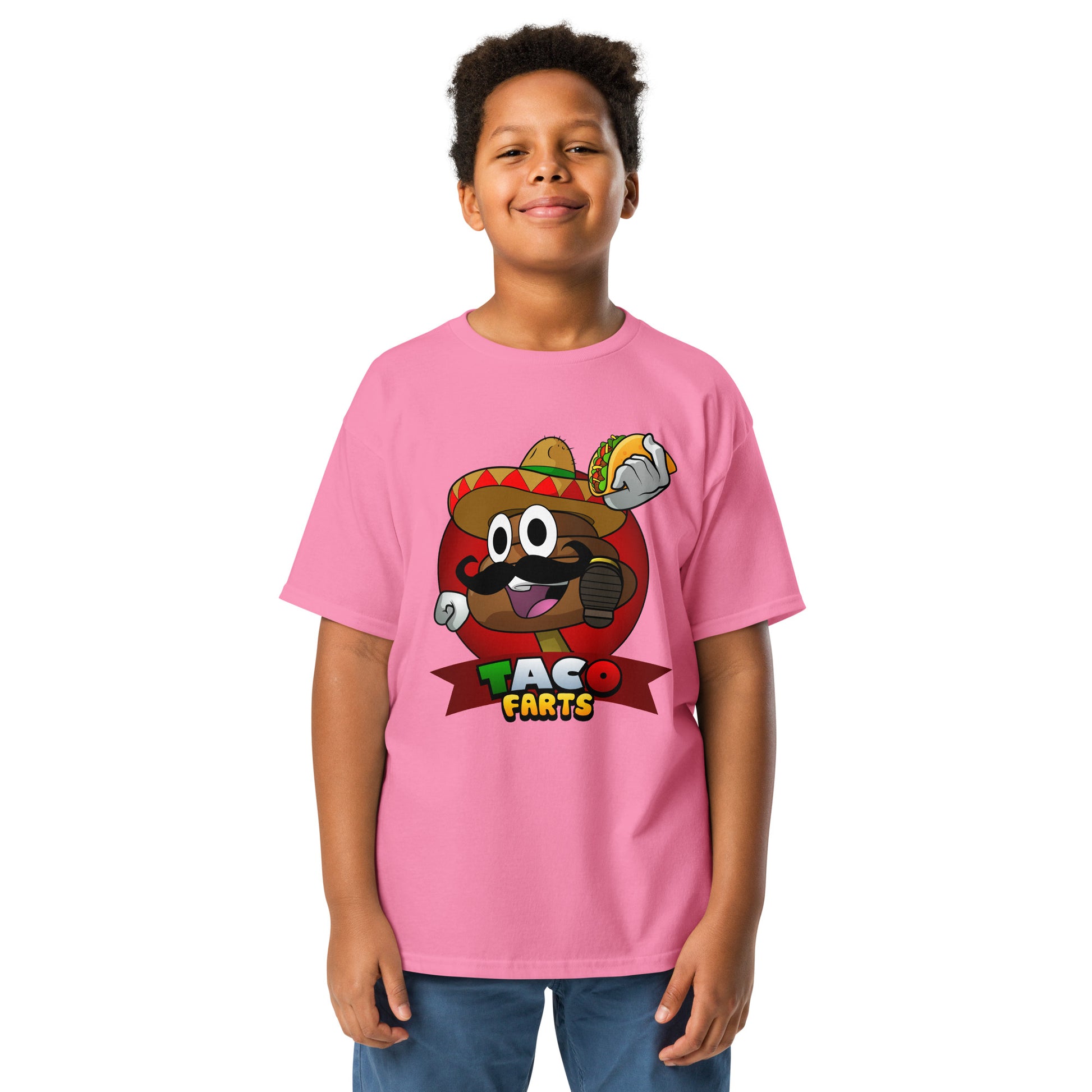 Youth in pink Taco Farts t-shirt with fun taco design

