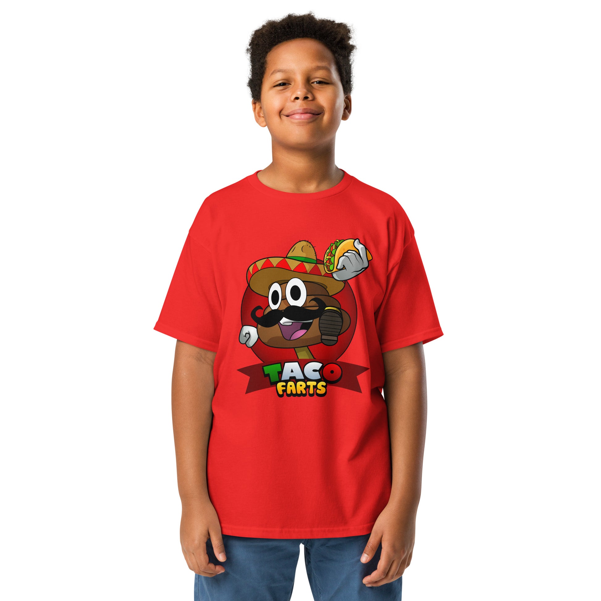 Front view of Mr Farts Taco Farts youth t-shirt in red