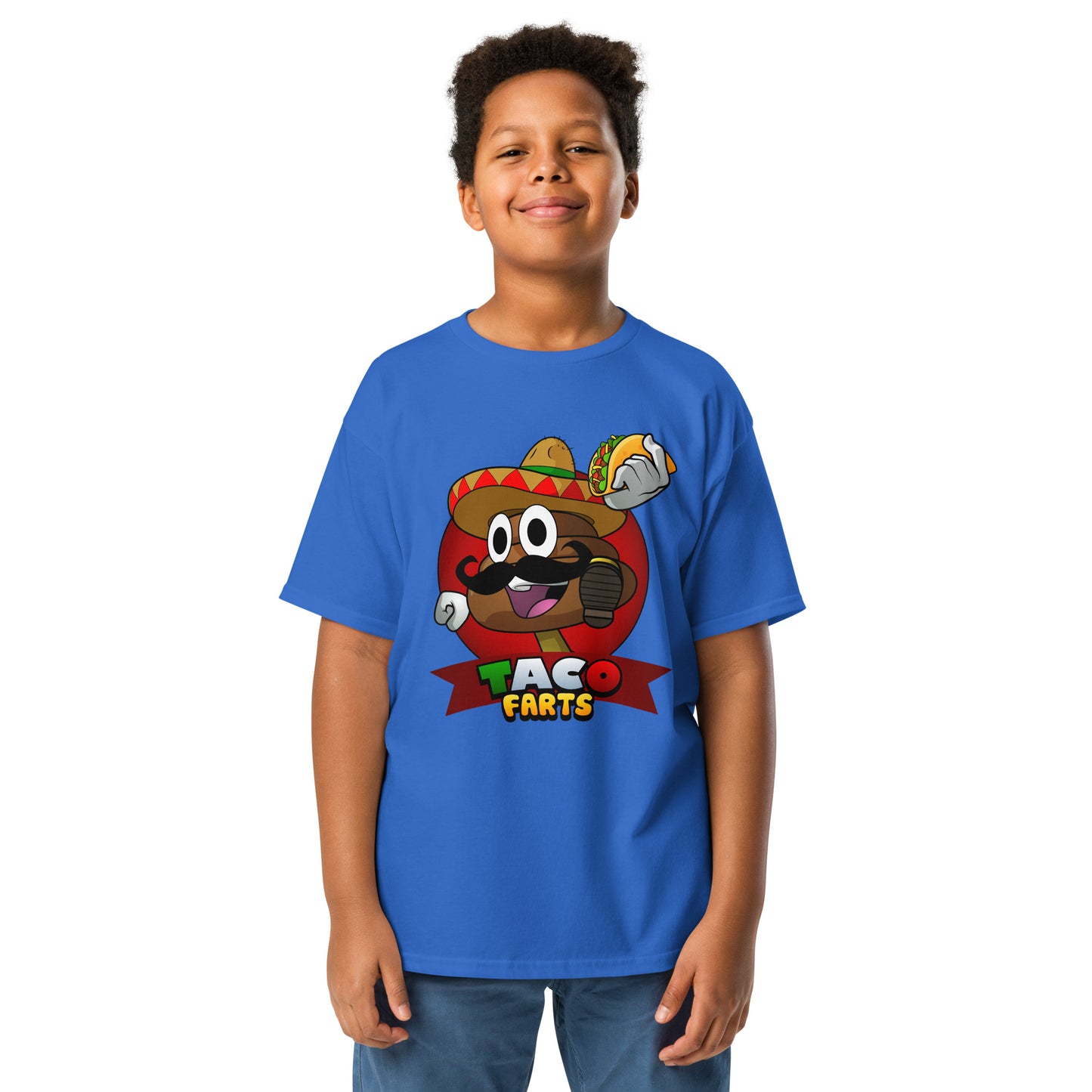 Bright blue Taco Farts youth t-shirt with cartoon taco

