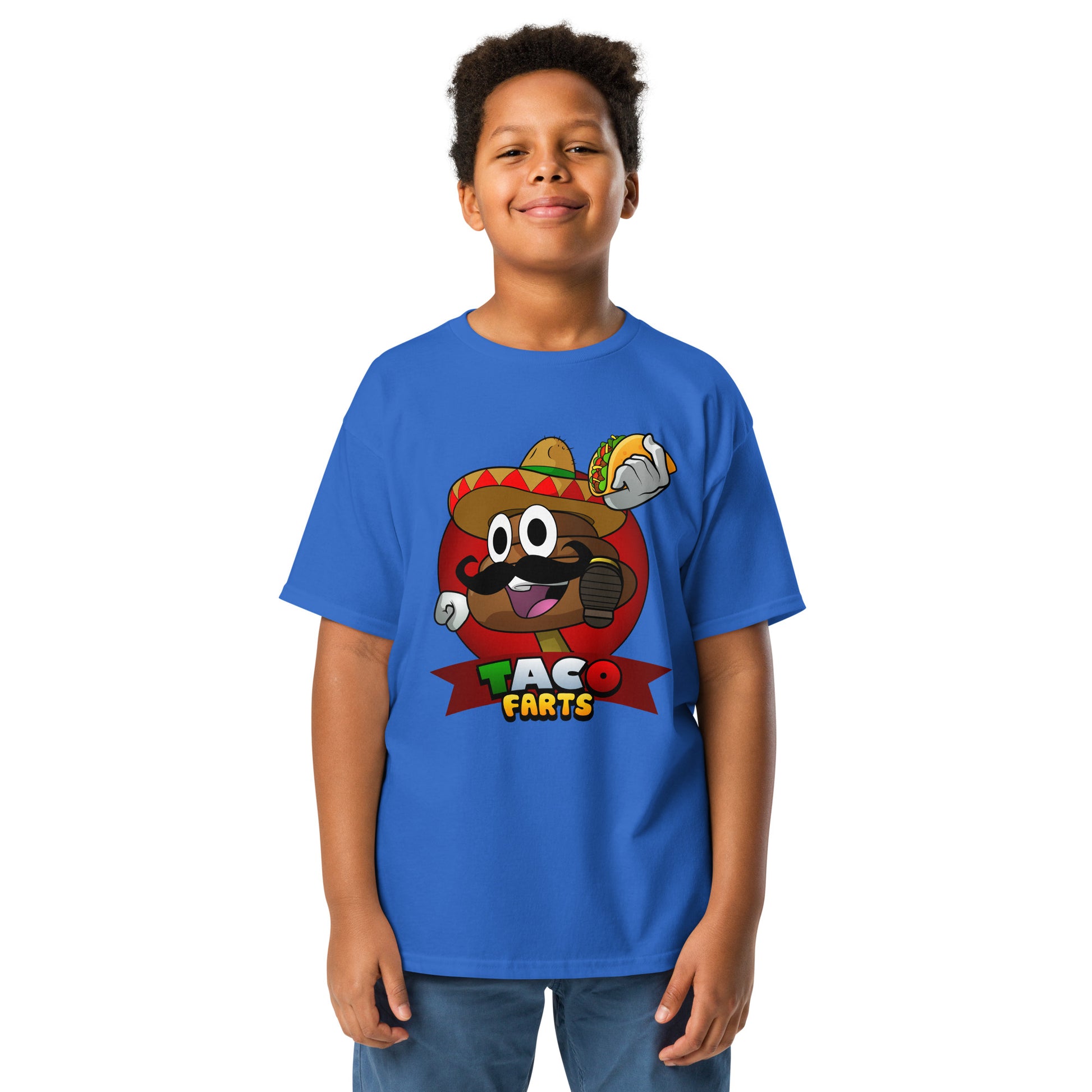 Bright blue Taco Farts youth t-shirt with cartoon taco

