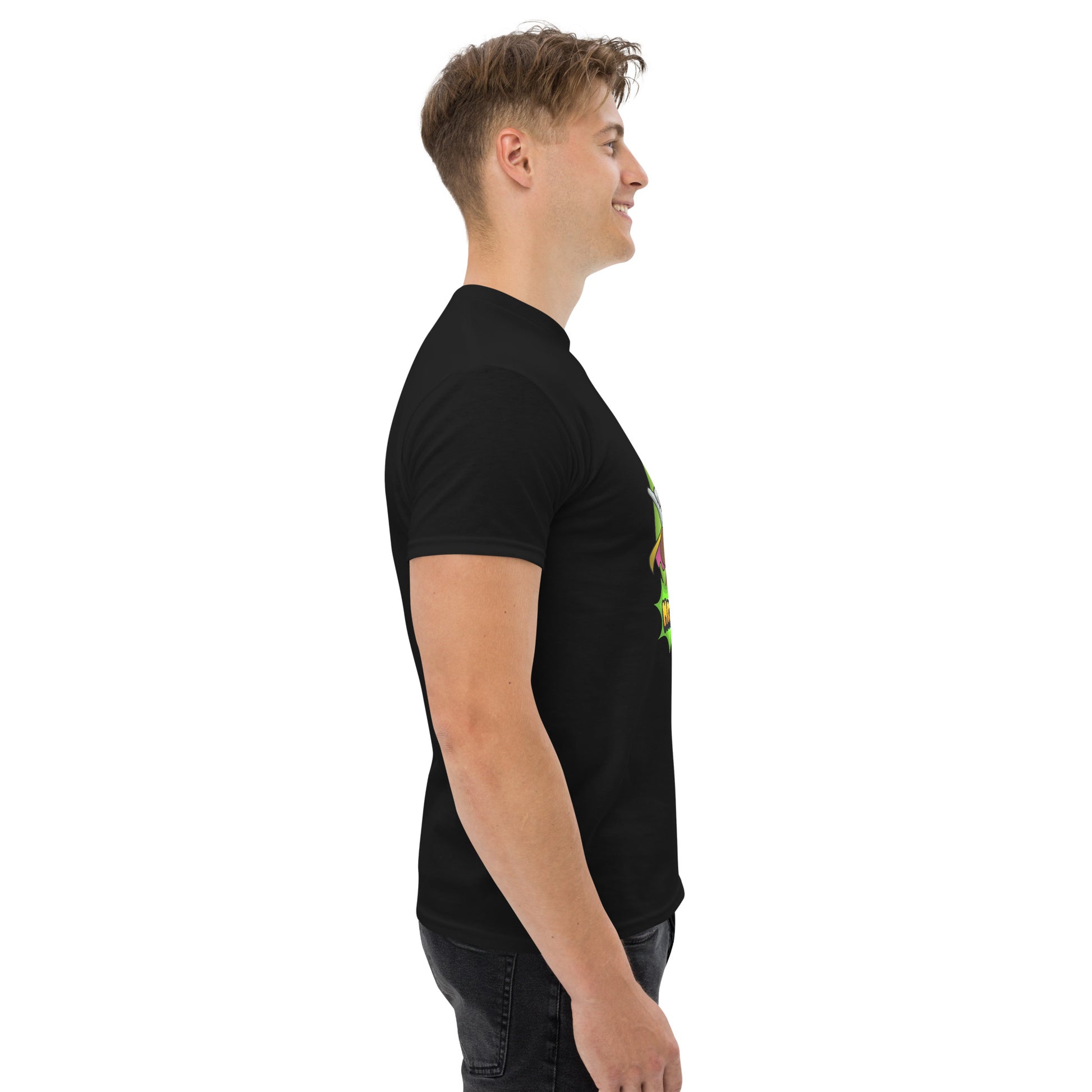 Right side profile of Mr Farts t-shirt in black
